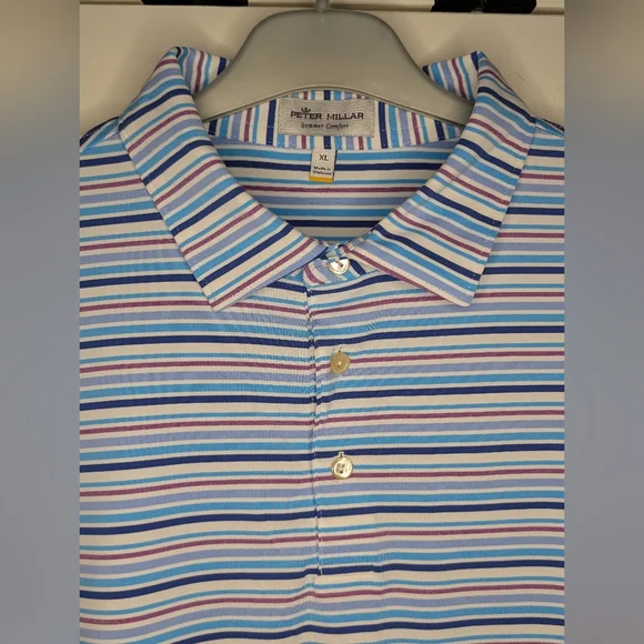 Peter Millar XL 'Summer Comfort' Polo Short Sleeve Blue Stripe - Some Pilling - Picture 9 of 16
